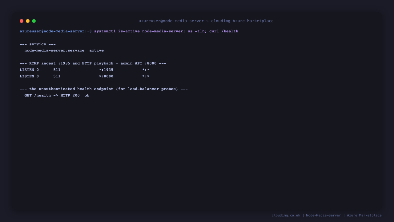 Terminal showing the node-media-server service active, RTMP listening on 1935 and HTTP on 8000, and the health endpoint returning ok