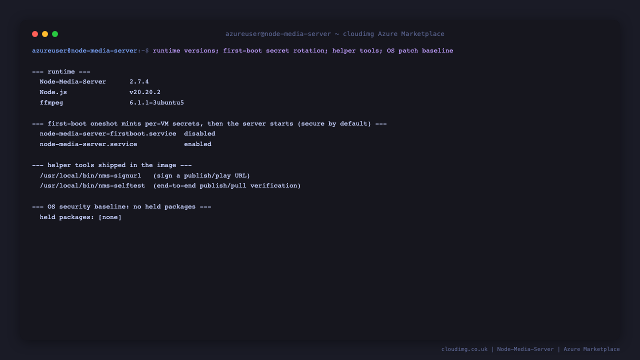 Terminal showing the Node-Media-Server and Node.js versions, the first-boot and server services enabled, the bundled helper tools, and a clean OS patch baseline with no held packages