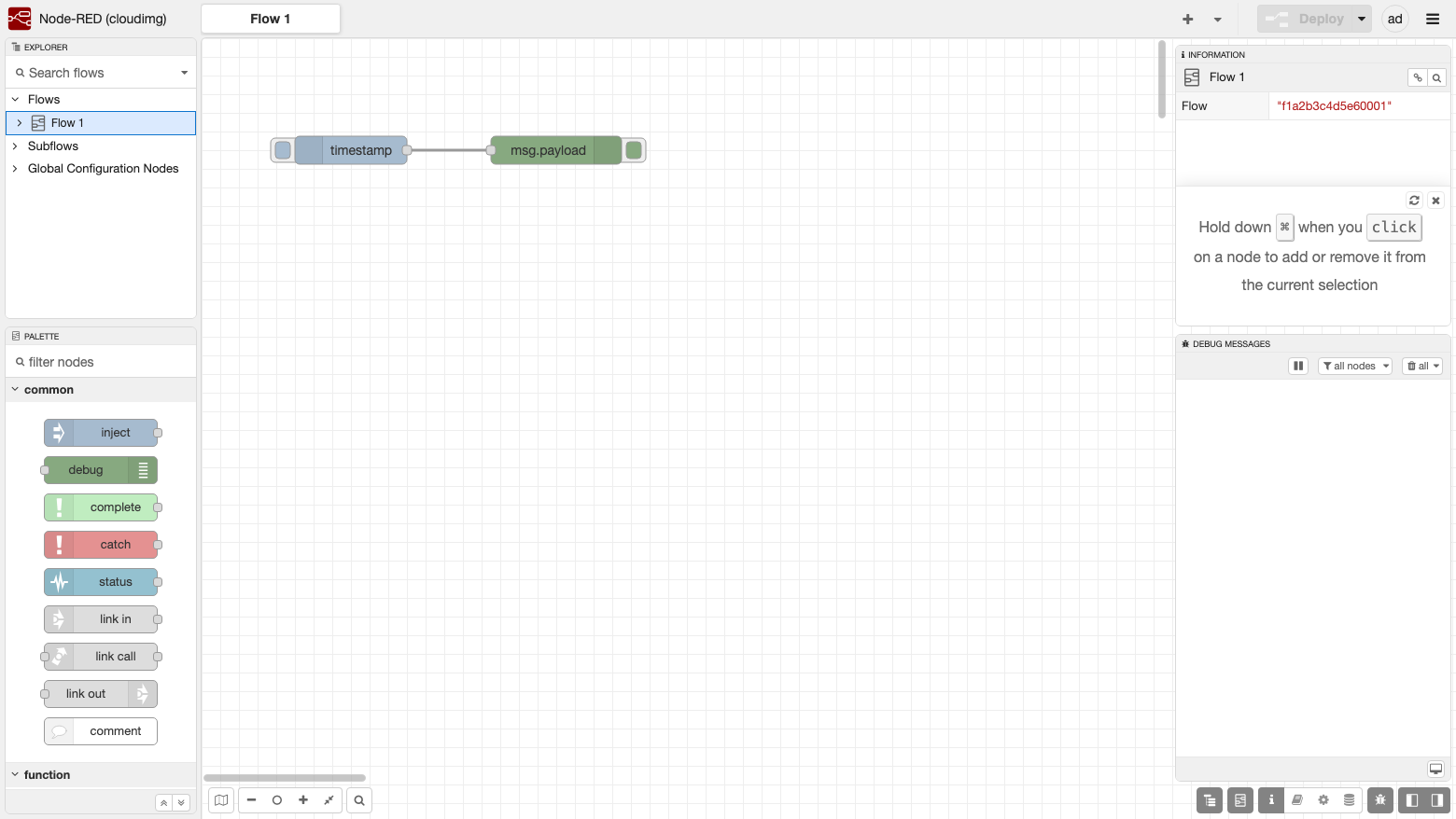 The Node-RED 5.0.9 editor on cloudimg with an empty flow, the node palette and the sidebar