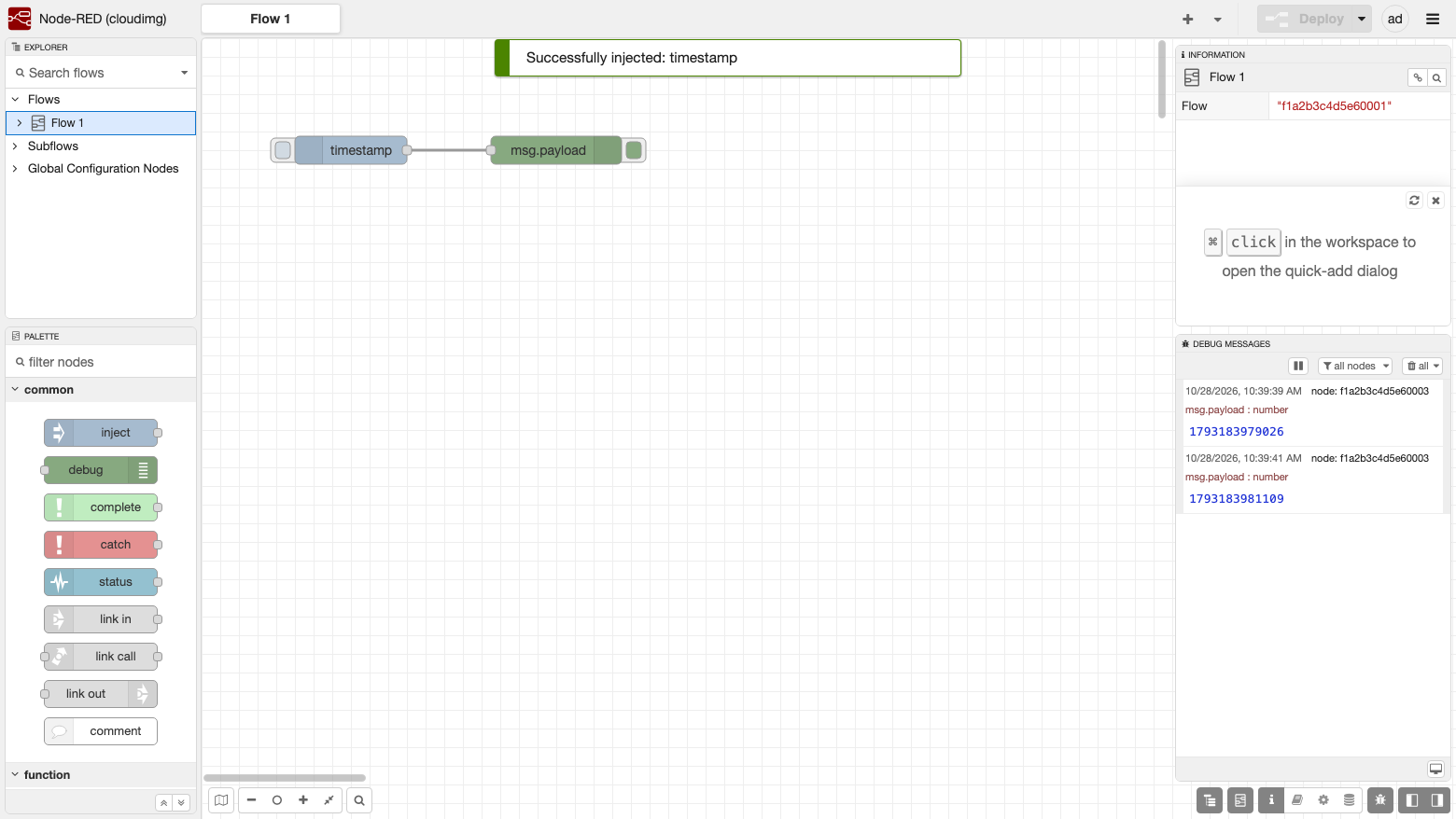 A first flow with an inject node wired to a debug node, deployed, with the timestamp in the debug sidebar