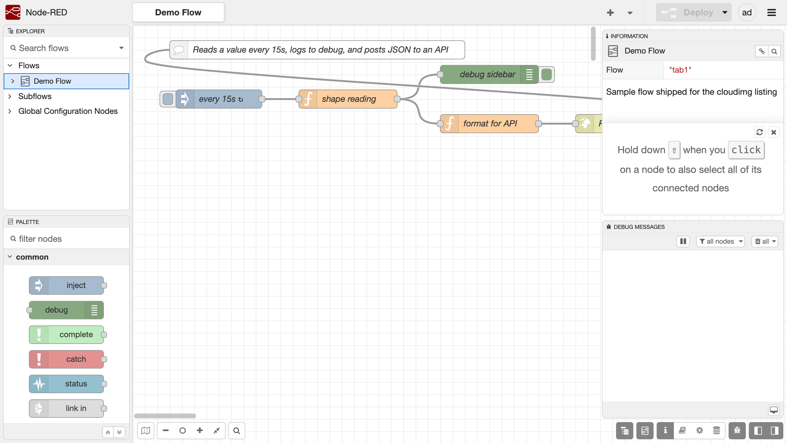The Node-RED flow editor canvas with a sample flow wired together