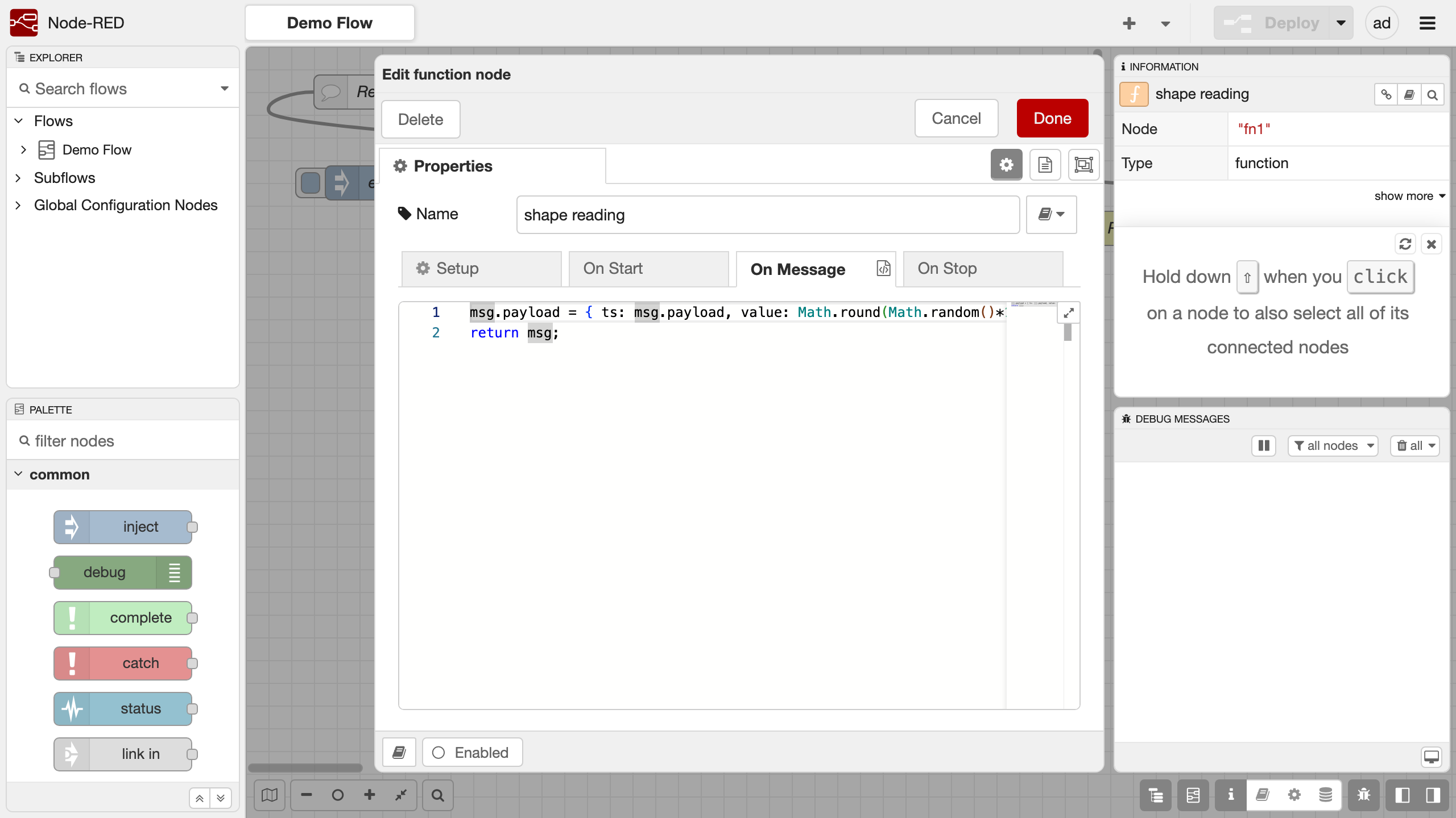 The Node-RED function node edit tray showing the message transform code