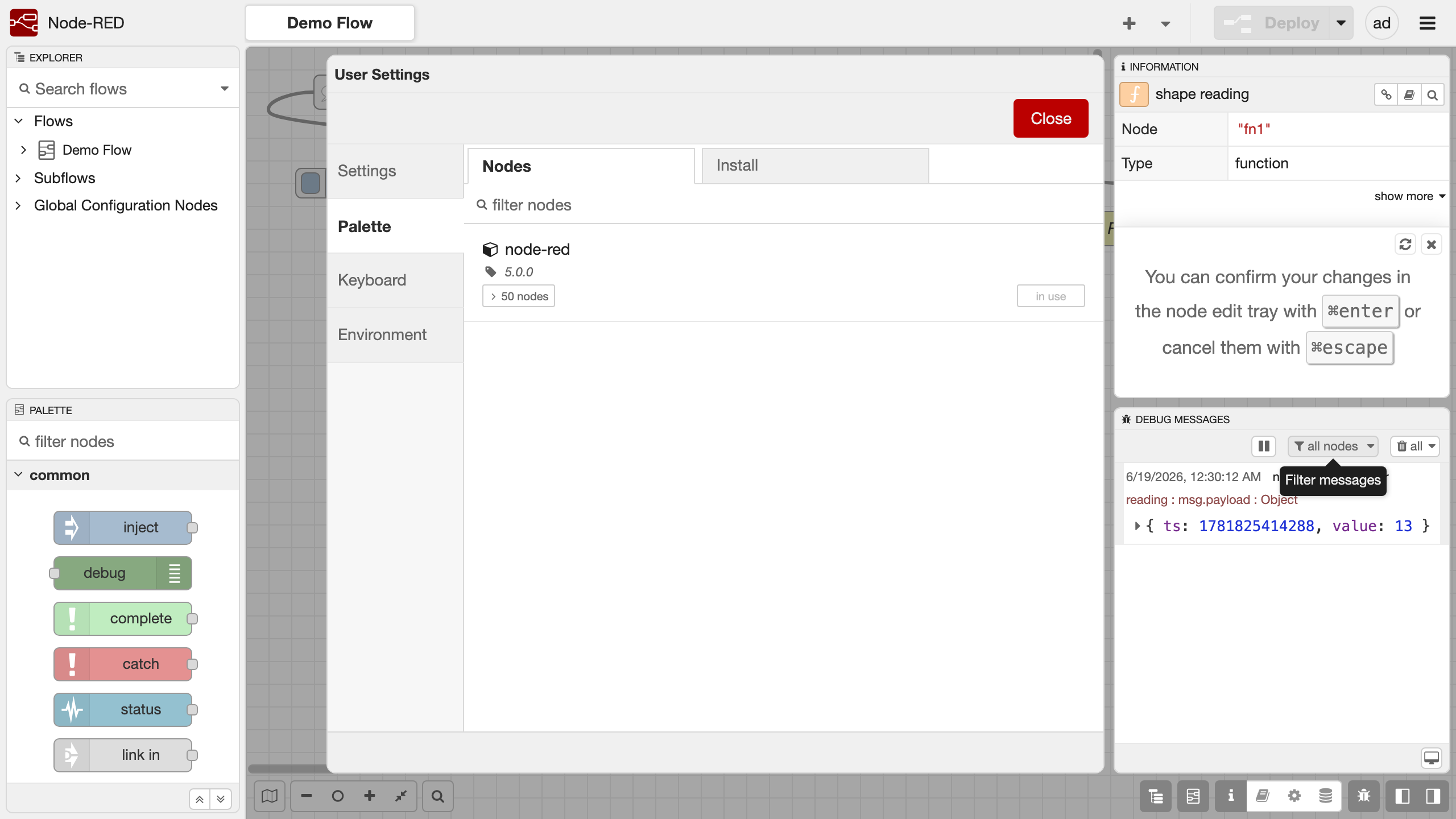 The Node-RED palette manager listing installed nodes and the install tab