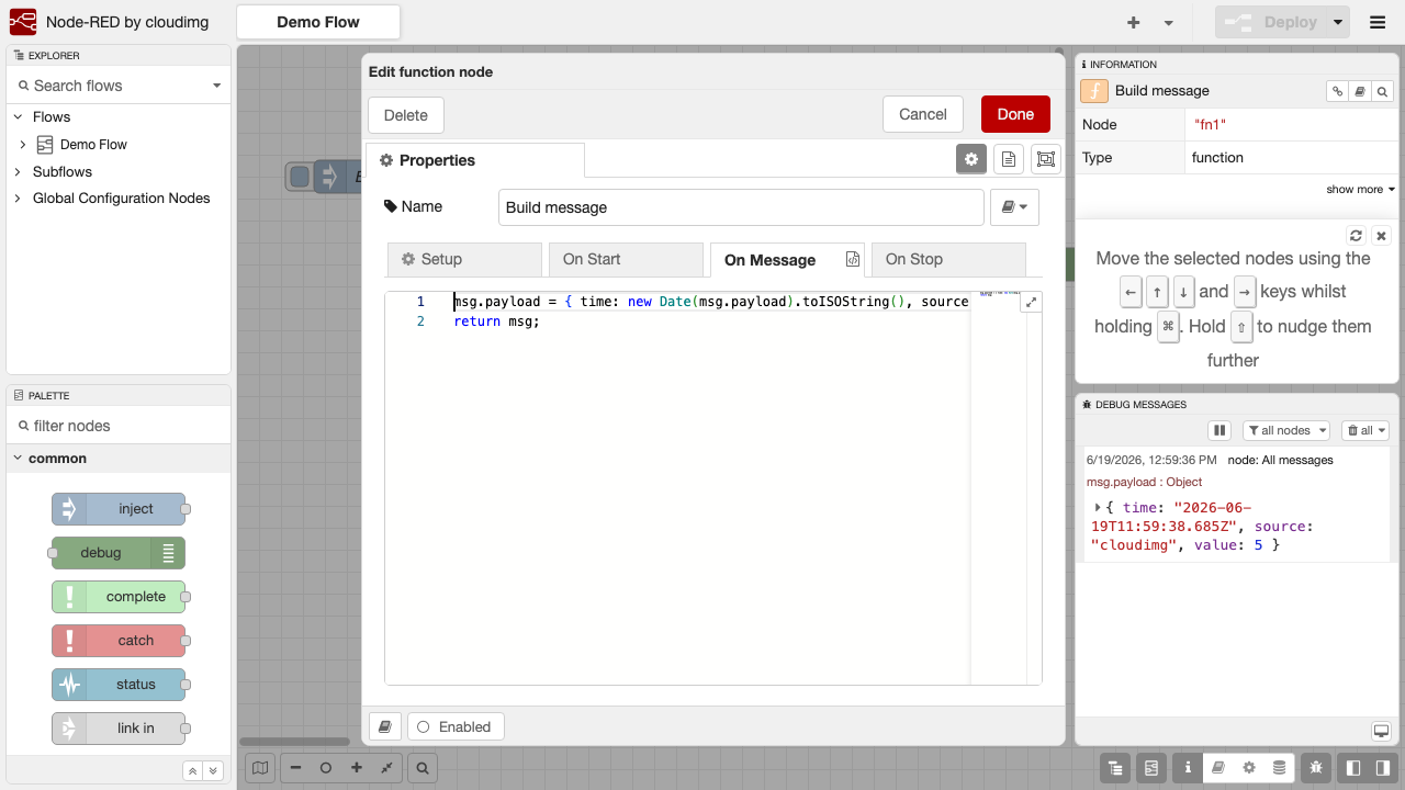 Node-RED function node code editor