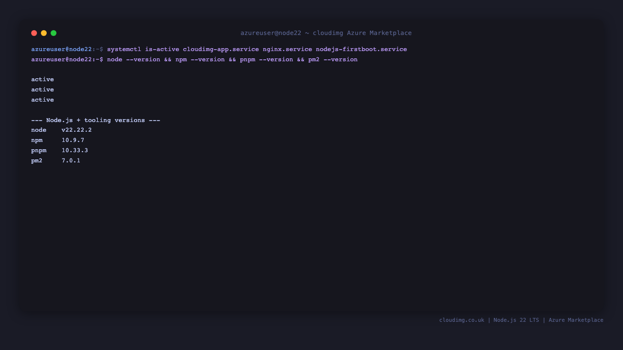 All three services active and Node 22.22.2 + npm 10.9.7 + pnpm + pm2 reported