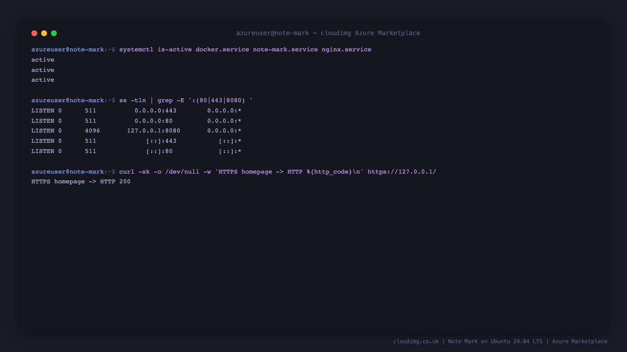 Note Mark services, loopback + nginx binding, and HTTPS health on the VM