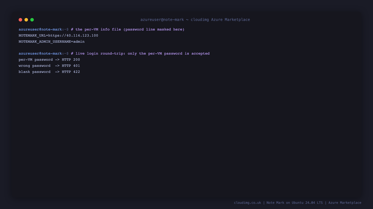 Secure by default: the per-VM info file and a live login round-trip