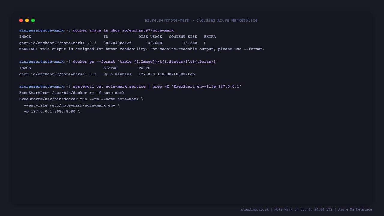The pinned Note Mark container image and the loopback-published service