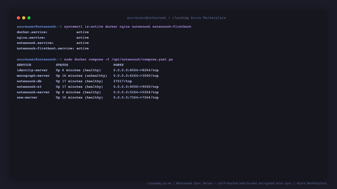 Notesnook services and containers running