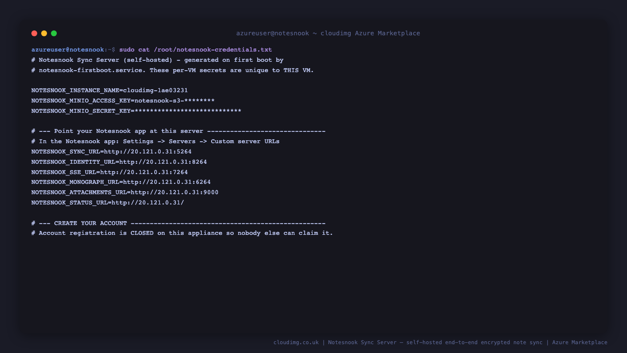 Per-VM Notesnook credentials and endpoint URLs