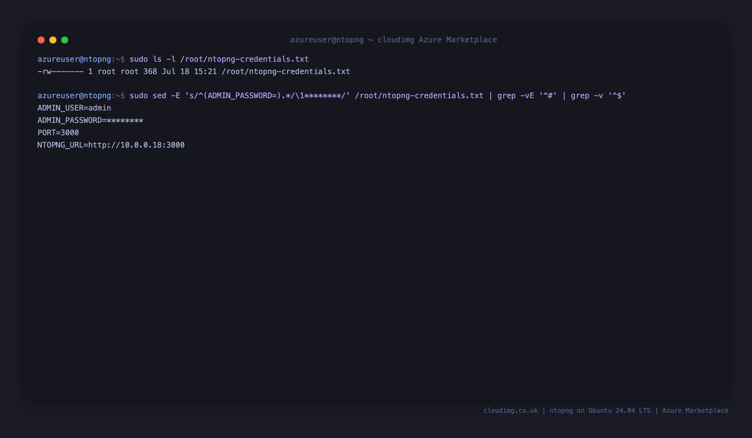 The per-VM ntopng credentials file (0600, root only) showing the admin username, the generated password redacted, the port and the instance URL