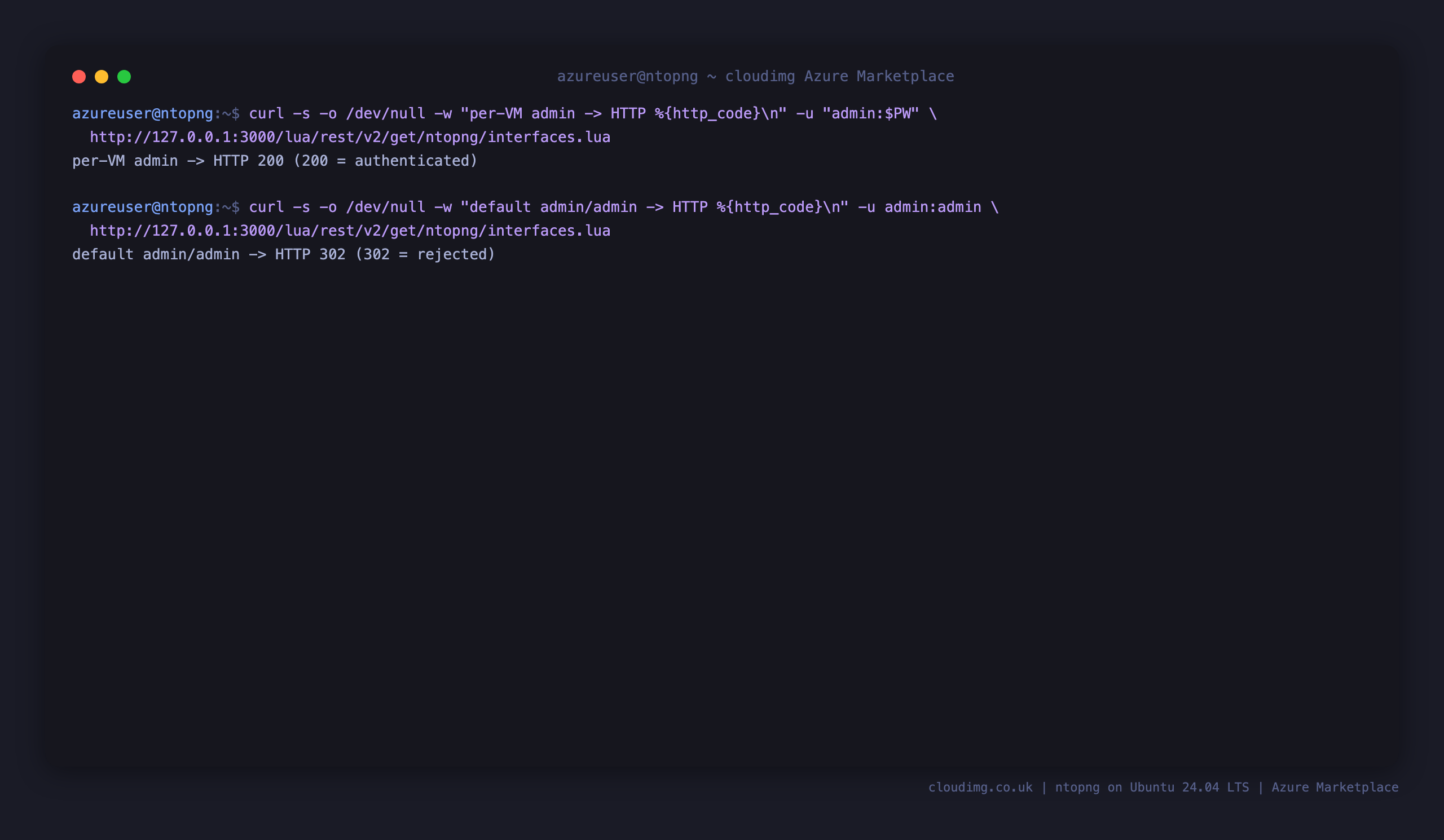 The per-VM admin credential authenticating against the ntopng REST API with HTTP 200, and the default admin/admin login rejected with HTTP 302