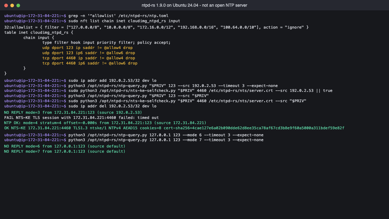 The ntpd-rs allowlist and the guard's nftables table built from it, and a probe from the public test address 192.0.2.53 getting no NTP reply and no NTS connection while the same requests from the private IP are answered