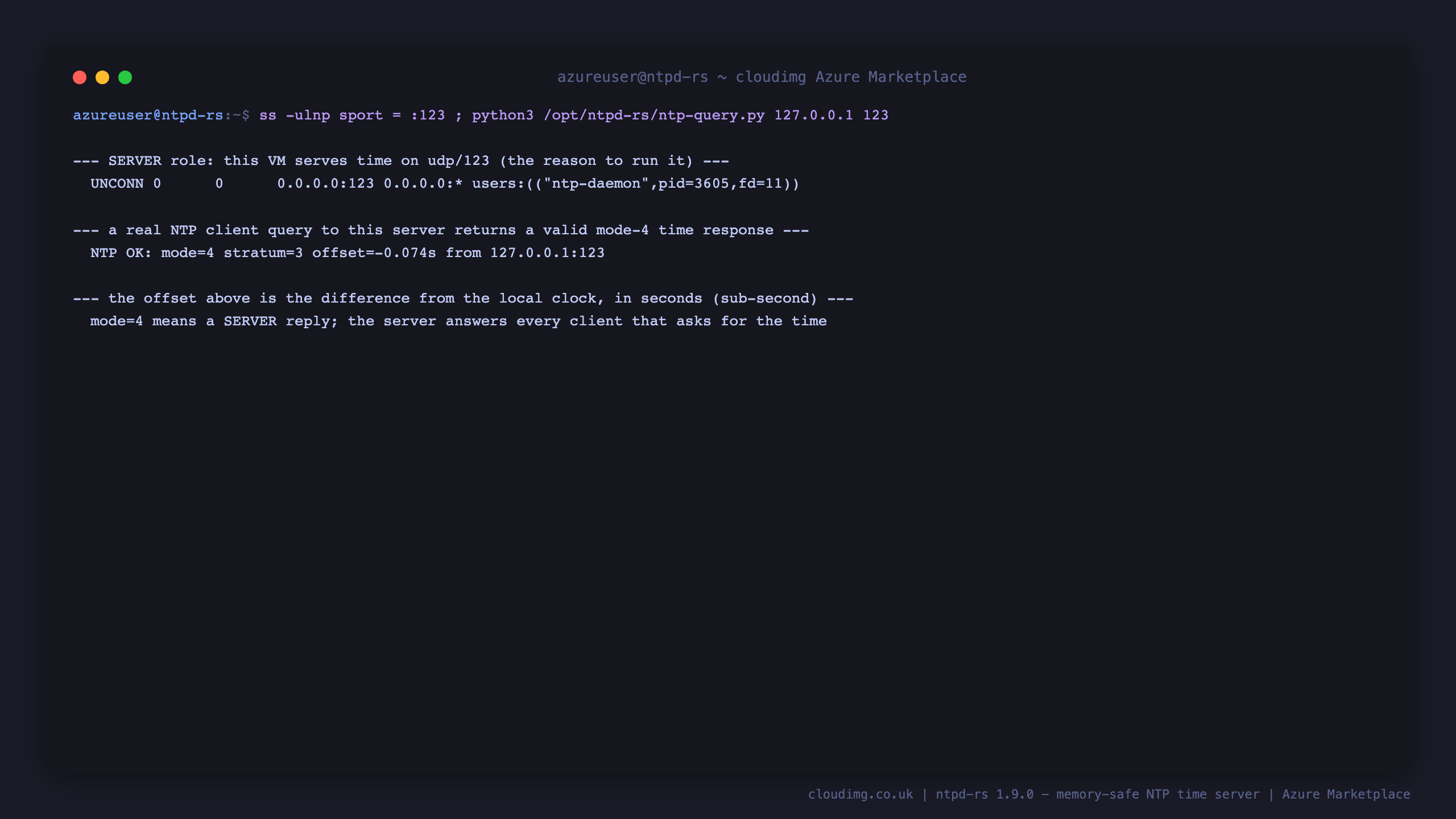the ss command shows ntp-daemon listening on 0.0.0.0:123 for the NTP service, and a real NTP client query to the server returns NTP OK with mode 4 and a sub-second offset, confirming the server is genuinely serving accurate time to clients