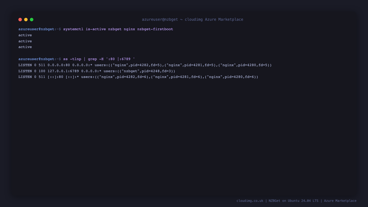 nzbget.service and nginx.service reporting active, with the Web UI listening on 127.0.0.1:6789 and nginx on port 80