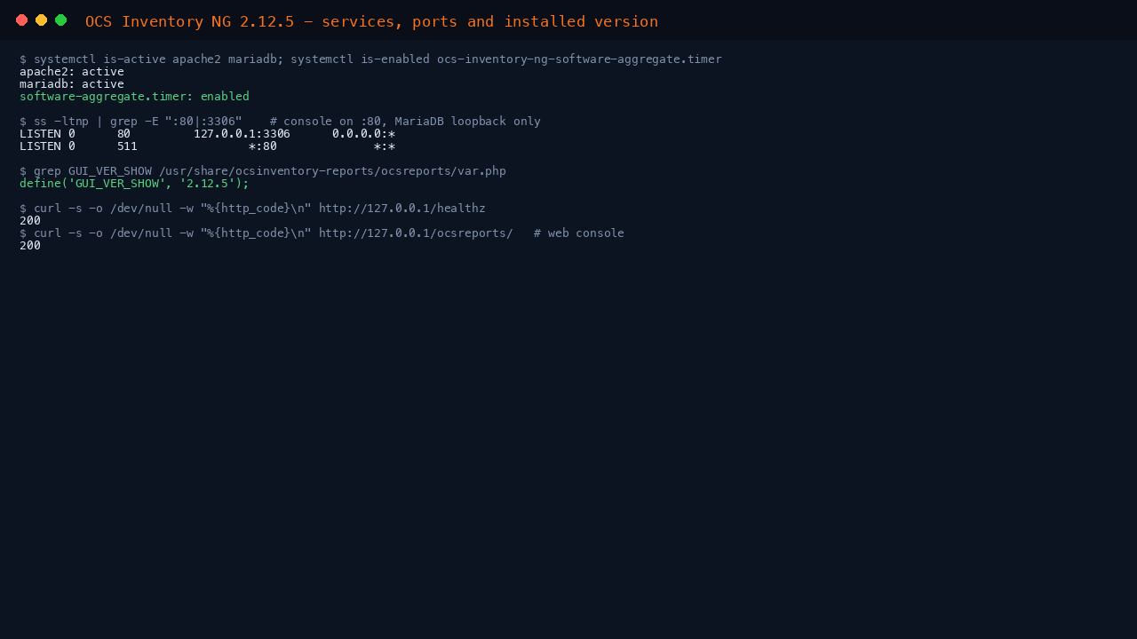 The apache2 and mariadb services reporting active with the software aggregation timer enabled, Apache listening on port 80 with MariaDB bound to loopback 127.0.0.1:3306, the installed OCS Inventory NG version, and the health and console endpoints both answering