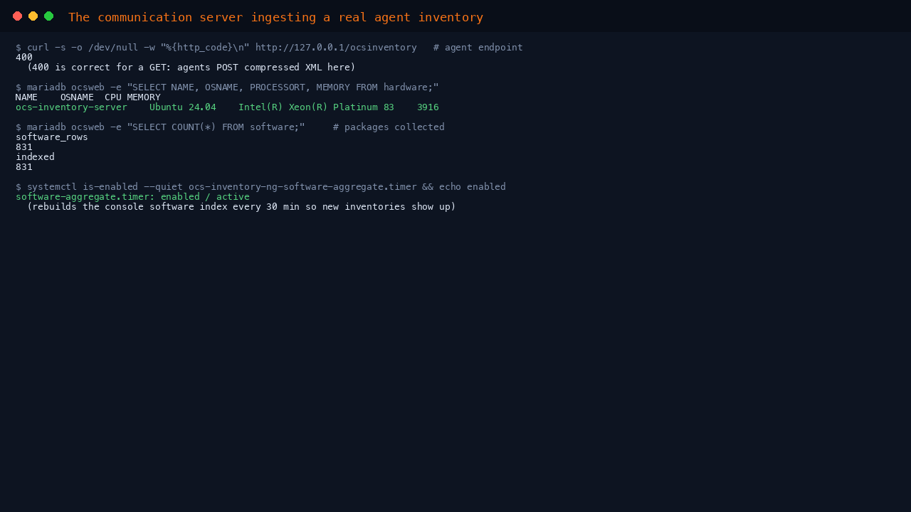 The agent endpoint answering, the inventoried machine listed in the database with its operating system, processor and memory, the collected and indexed software counts, and the software aggregation timer enabled and active
