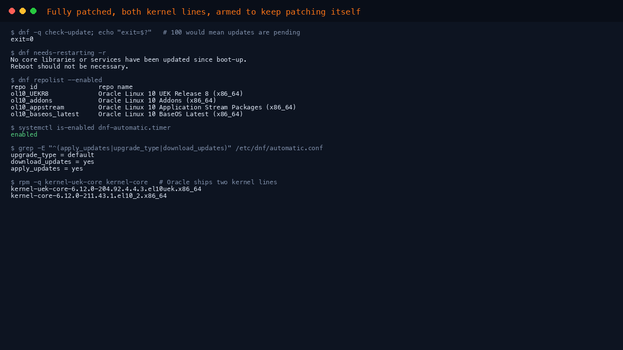 The terminal shows dnf check-update returning exit code 0 meaning no updates are pending, dnf repolist listing the ol10_baseos_latest, ol10_appstream, ol10_addons and ol10_UEKR8 repositories as enabled, and rpm reporting both the kernel-uek-core and kernel-core packages that make up Oracle Linux's two kernel lines