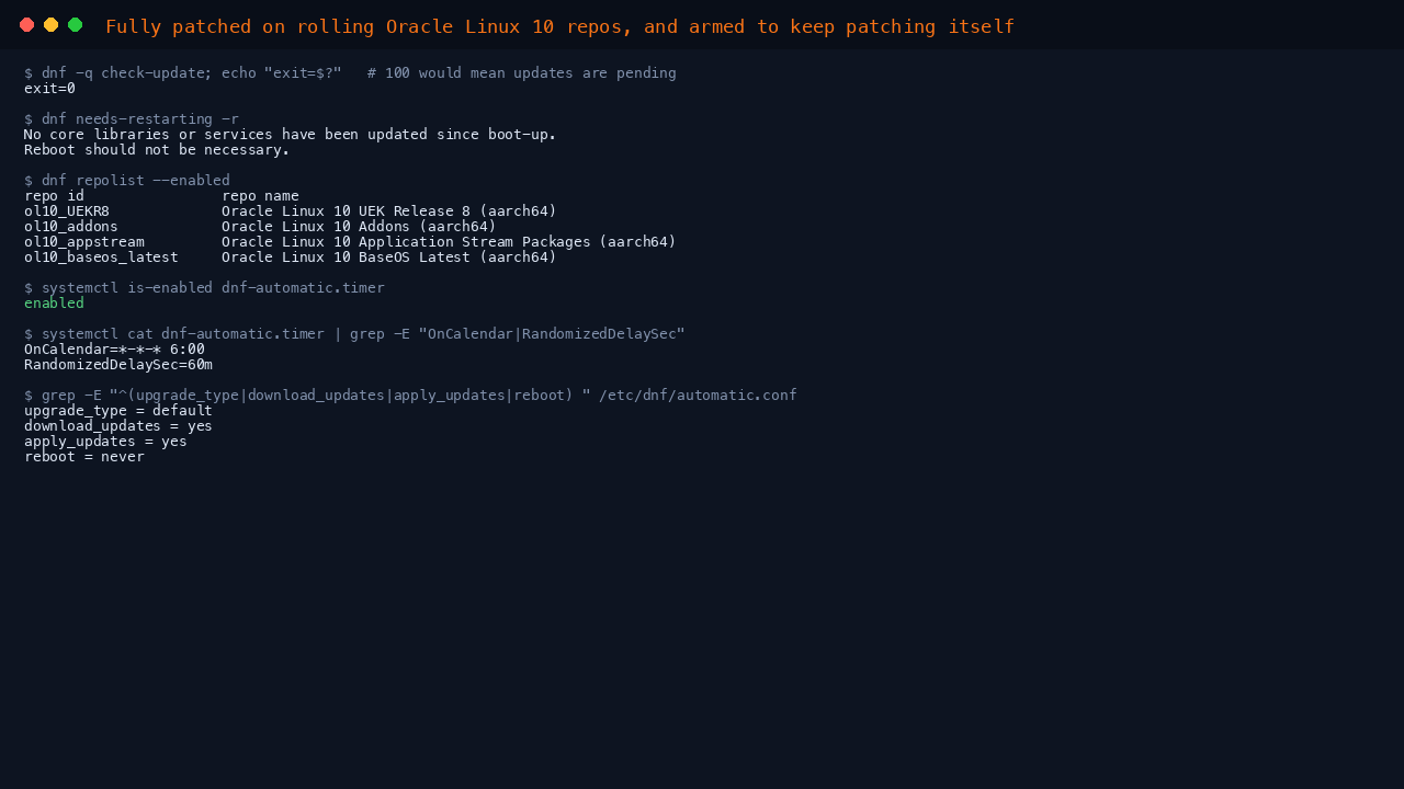 The terminal shows dnf check-update returning exit code 0 meaning no updates are pending, needs-restarting reporting no reboot necessary, dnf repolist listing the rolling ol10_UEKR8, ol10_addons, ol10_appstream and ol10_baseos_latest repositories, dnf-automatic.timer reported as enabled with its six o clock schedule, and the automatic.conf policy showing upgrade_type default, download_updates yes, apply_updates yes and reboot never