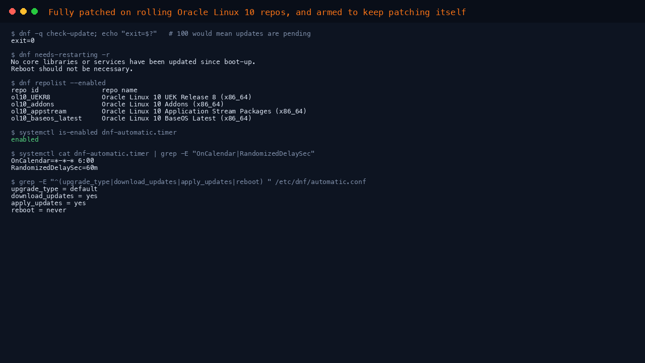 The terminal shows dnf check-update returning exit code 0 meaning no updates are pending, needs-restarting reporting no reboot necessary, dnf repolist listing the rolling ol10_UEKR8, ol10_addons, ol10_appstream and ol10_baseos_latest repositories, dnf-automatic.timer reported as enabled with its six o clock schedule, and the automatic.conf policy showing upgrade_type default, download_updates yes, apply_updates yes and reboot never
