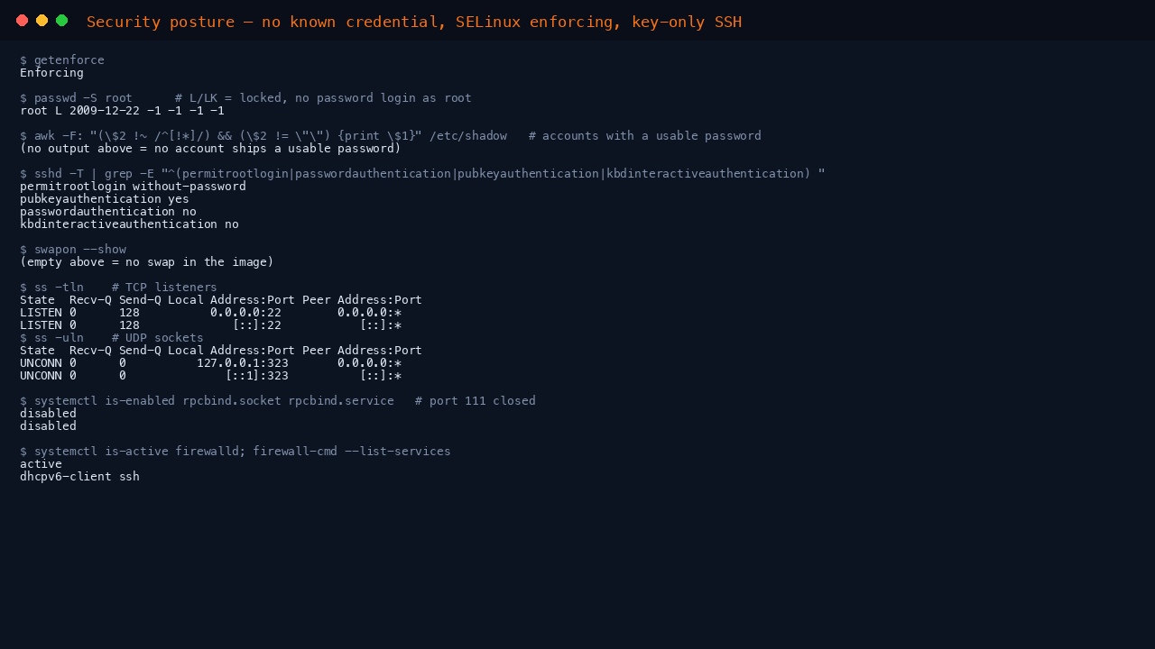 The terminal shows getenforce reporting Enforcing, passwd -S root reporting the root account as L meaning locked, no accounts holding a usable password, the effective sshd policy reporting permitrootlogin without-password, pubkeyauthentication yes, passwordauthentication no and kbdinteractiveauthentication no, swapon showing no swap, ss listing sshd on port 22 as the only TCP listener and chronyd on the loopback address as the only UDP socket, and rpcbind socket and service both disabled