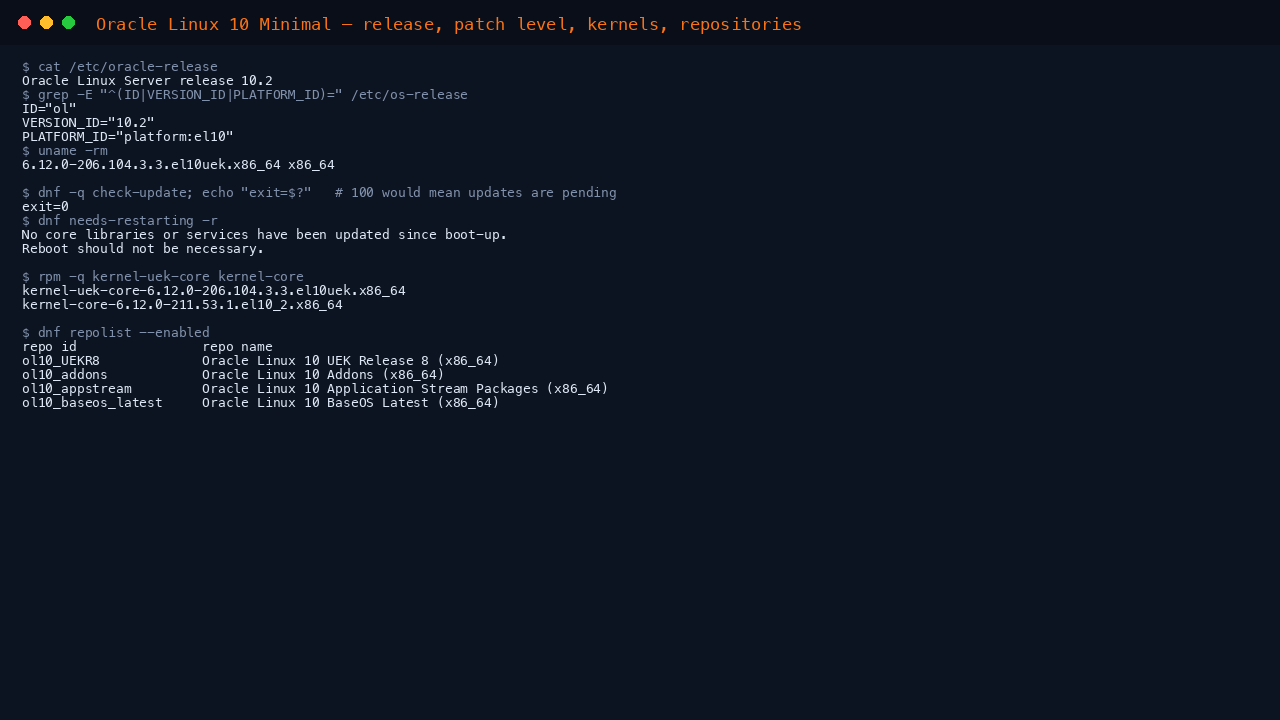 The terminal shows cat of etc oracle-release reporting Oracle Linux Server release 10.2, the os-release fields with ID ol and VERSION_ID 10.2, uname reporting the 6.12 el10uek kernel on x86_64, dnf check-update exit code 0, needs-restarting reporting no reboot needed, one kernel-uek-core and one kernel-core package, and the ol10 UEKR8, addons, appstream and baseos_latest repositories enabled