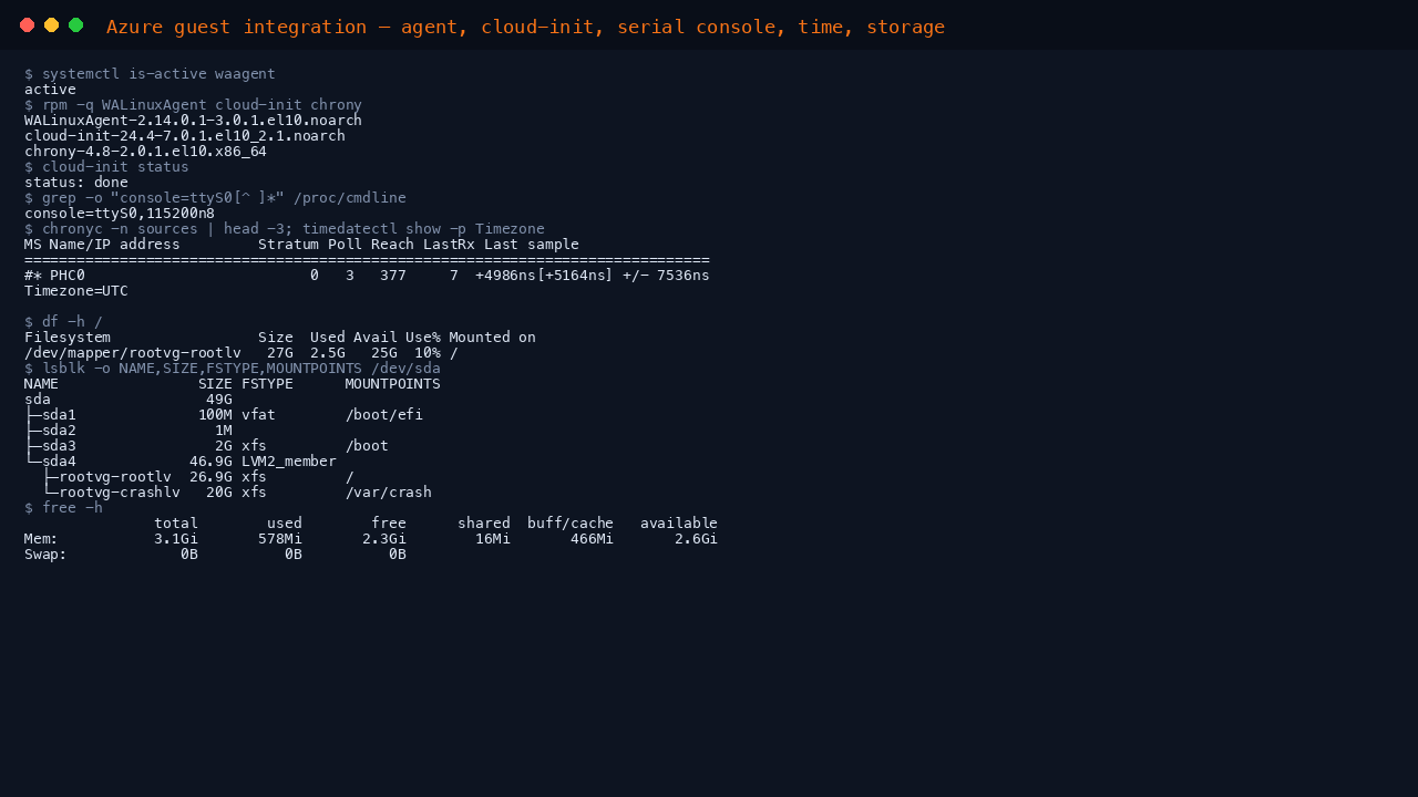 The terminal shows waagent active, the WALinuxAgent, cloud-init and chrony package versions, cloud-init status done, the console ttyS0 kernel argument for the serial console, chronyd synchronised to the Hyper-V PHC0 clock, the time zone UTC, the root filesystem on the rootvg logical volume from df, the disk layout from lsblk and the memory summary from free with no swap