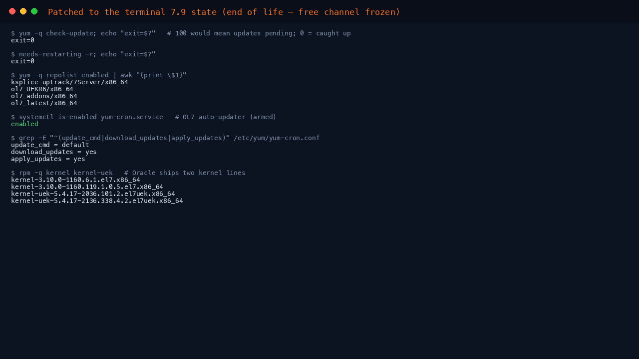 The terminal shows yum check-update returning exit code 0 meaning the machine is caught up to the frozen end of life channel, yum repolist listing the ol7_latest, ol7_UEKR6 and ol7_addons repositories as enabled, yum-cron.service enabled with update_cmd default and apply_updates yes, and rpm reporting the kernel and kernel-uek packages that make up Oracle Linux's two kernel lines