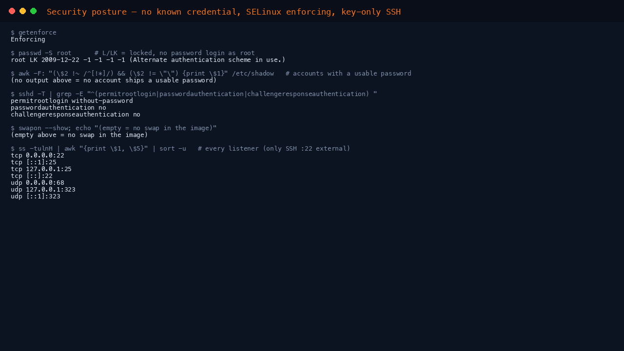 The terminal shows getenforce reporting Enforcing, passwd -S root reporting the root account as LK meaning locked, and the effective sshd policy reporting permitrootlogin without-password, passwordauthentication no and challengeresponseauthentication no