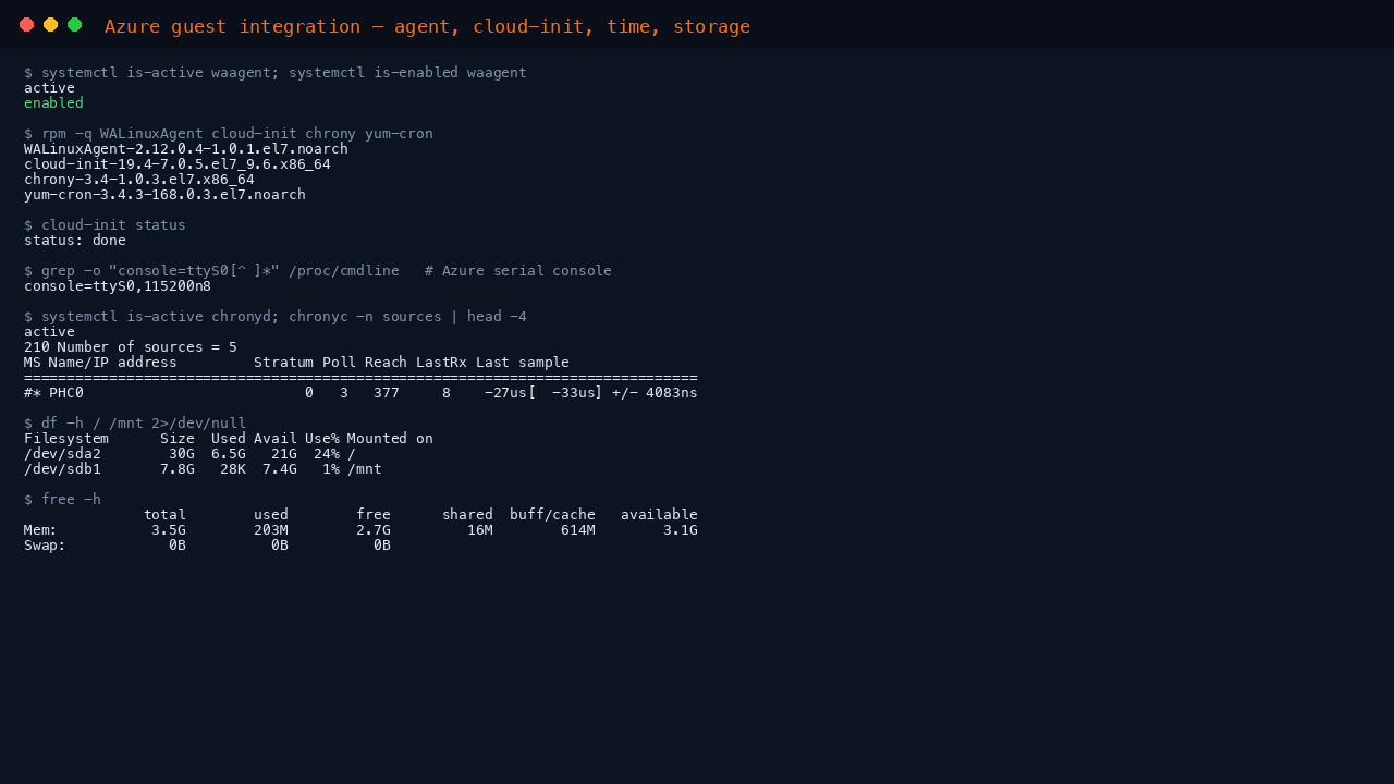 The terminal shows waagent active and enabled at boot, WALinuxAgent cloud-init chrony and yum-cron installed, cloud-init status done, the Azure serial console on the kernel command line, chronyd active for time synchronisation, the root filesystem usage from df, and the memory summary from free
