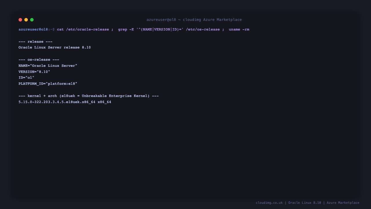 The terminal shows cat of etc oracle-release reporting Oracle Linux Server release 8.10, the os-release fields NAME Oracle Linux Server, VERSION 8.10, ID ol and PLATFORM_ID platform el8, and uname reporting the 5.15 el8uek Unbreakable Enterprise Kernel on x86_64