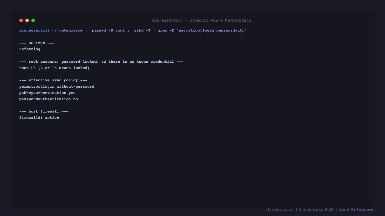 The terminal shows getenforce reporting Enforcing, passwd -S root reporting the root account as LK meaning locked, and the effective sshd policy reporting permitrootlogin without-password, pubkeyauthentication yes and passwordauthentication no
