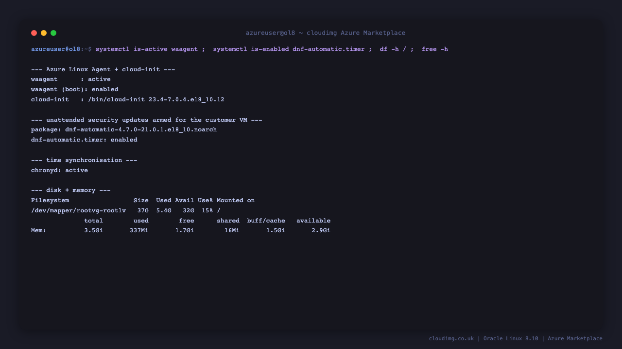 The terminal shows waagent active and enabled at boot, cloud-init version 23.4 for el8_10, dnf-automatic.timer enabled so security updates apply on a timer, chronyd active for time synchronisation, the root filesystem usage from df showing the rootvg logical volume, and the memory summary from free