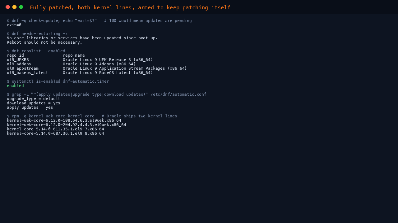 The terminal shows dnf check-update returning exit code 0 meaning no updates are pending, dnf repolist listing the ol9_baseos_latest, ol9_appstream, ol9_addons and ol9_UEKR8 repositories as enabled, and rpm reporting both the kernel-uek-core and kernel-core packages that make up Oracle Linux's two kernel lines