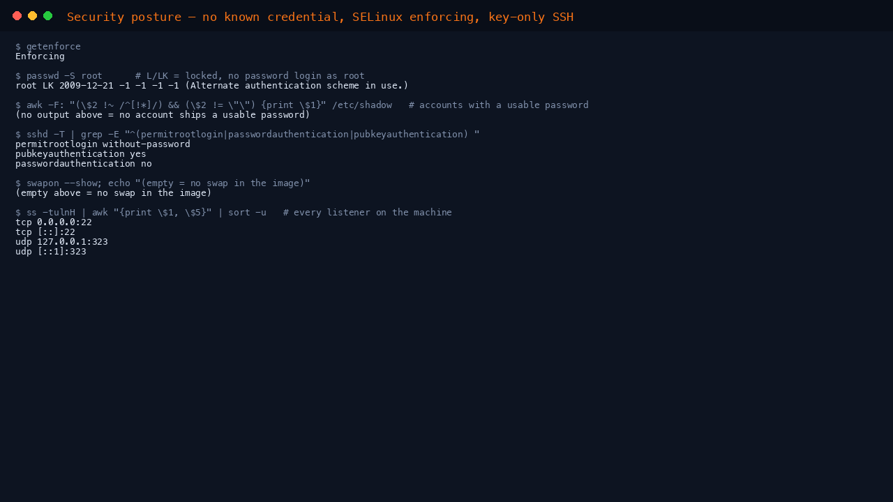 The terminal shows getenforce reporting Enforcing, passwd -S root reporting the root account as LK meaning locked, and the effective sshd policy reporting permitrootlogin without-password, pubkeyauthentication yes and passwordauthentication no