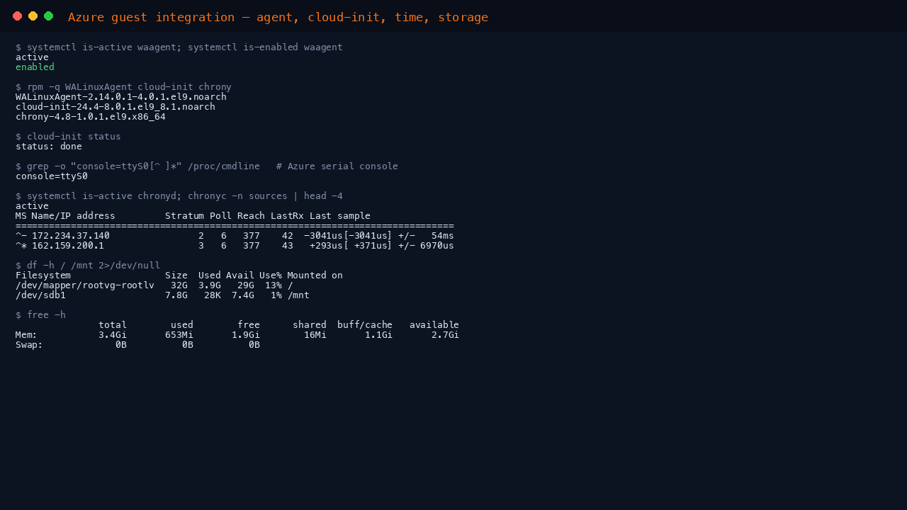 The terminal shows waagent active and enabled at boot, cloud-init version 24.4 for el9_8, dnf-automatic.timer enabled so security updates apply on a timer, chronyd active for time synchronisation, the root filesystem usage from df showing the rootvg logical volume, and the memory summary from free with zero swap