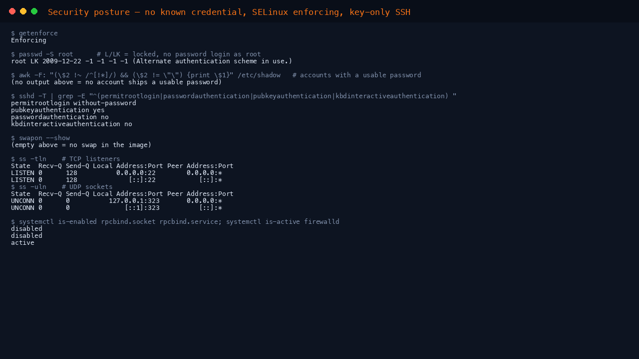 The terminal shows getenforce reporting Enforcing, passwd -S root reporting the root account as LK meaning locked, no accounts holding a usable password, the effective sshd policy reporting permitrootlogin without-password, pubkeyauthentication yes, passwordauthentication no and kbdinteractiveauthentication no, swapon showing no swap, ss listing sshd on port 22 as the only TCP listener and chronyd on the loopback address as the only UDP socket, rpcbind socket and service both disabled, and firewalld active