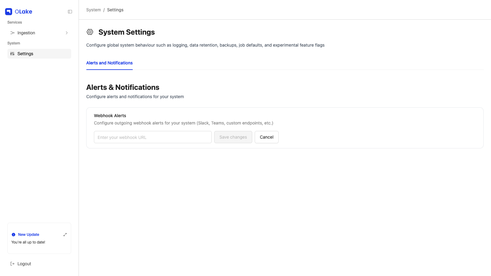 The OLake System Settings view showing the alerts and notifications configuration