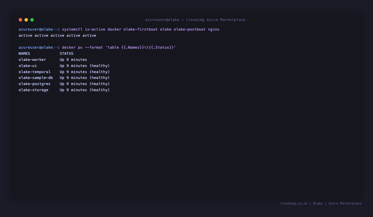 The docker, olake firstboot, olake, olake postboot and nginx services all active, and the six containers of the stack running and healthy