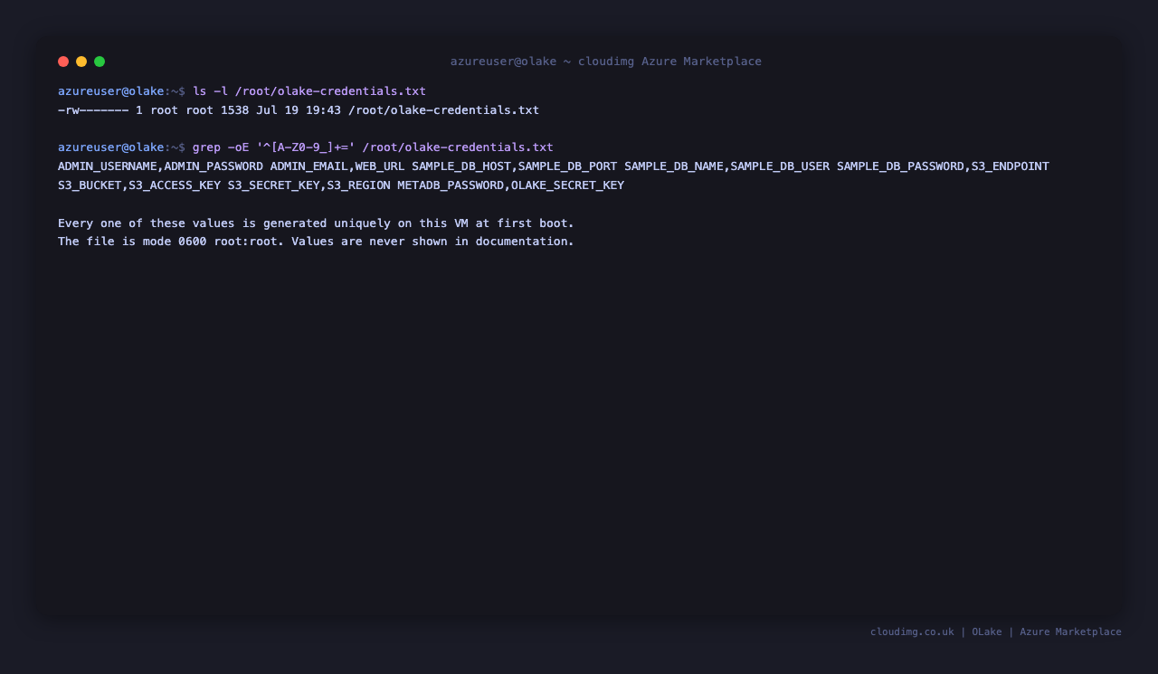 The olake credentials file at mode 0600 root root, listing only the names of the generated values, with a note that every one of them is unique to this VM and that values are never shown in documentation