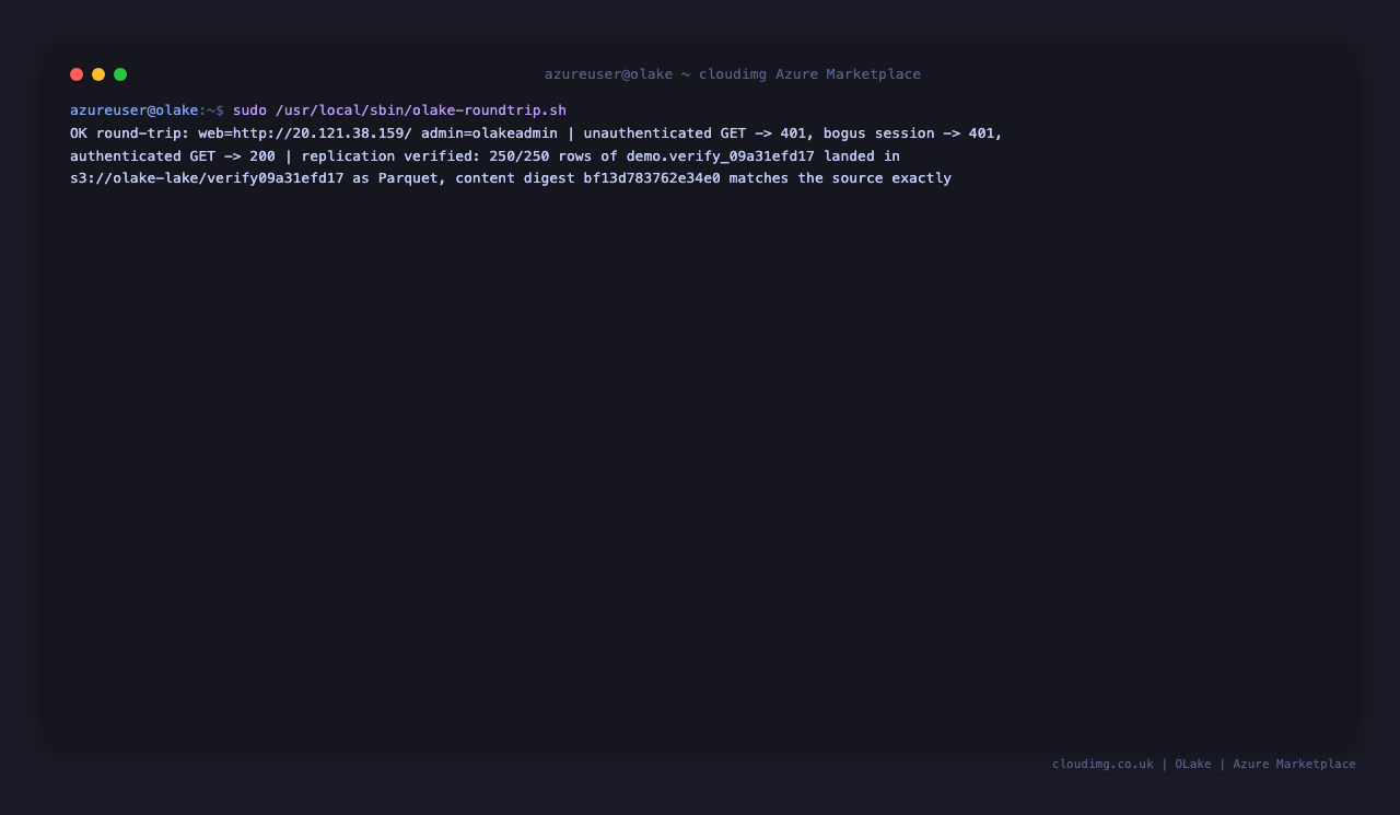 The bundled round trip script reporting OK: the console refuses unauthenticated and forged requests, accepts the per instance credential, and 250 of 250 rows landed in the object store as Parquet with a content digest matching the source exactly