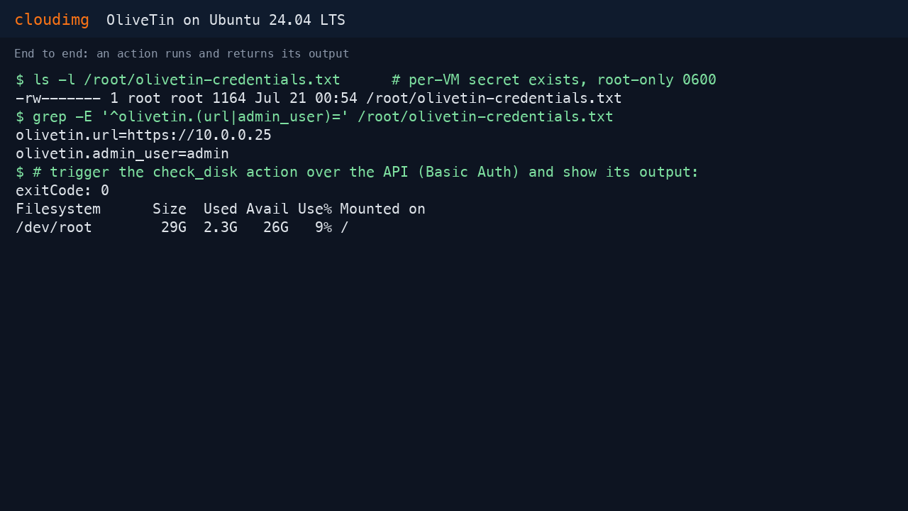 The check_disk action triggered over the OliveTin JSON API returning exit code 0 and the df command output, alongside the credentials file showing it is root only 0600 with the admin user and URL