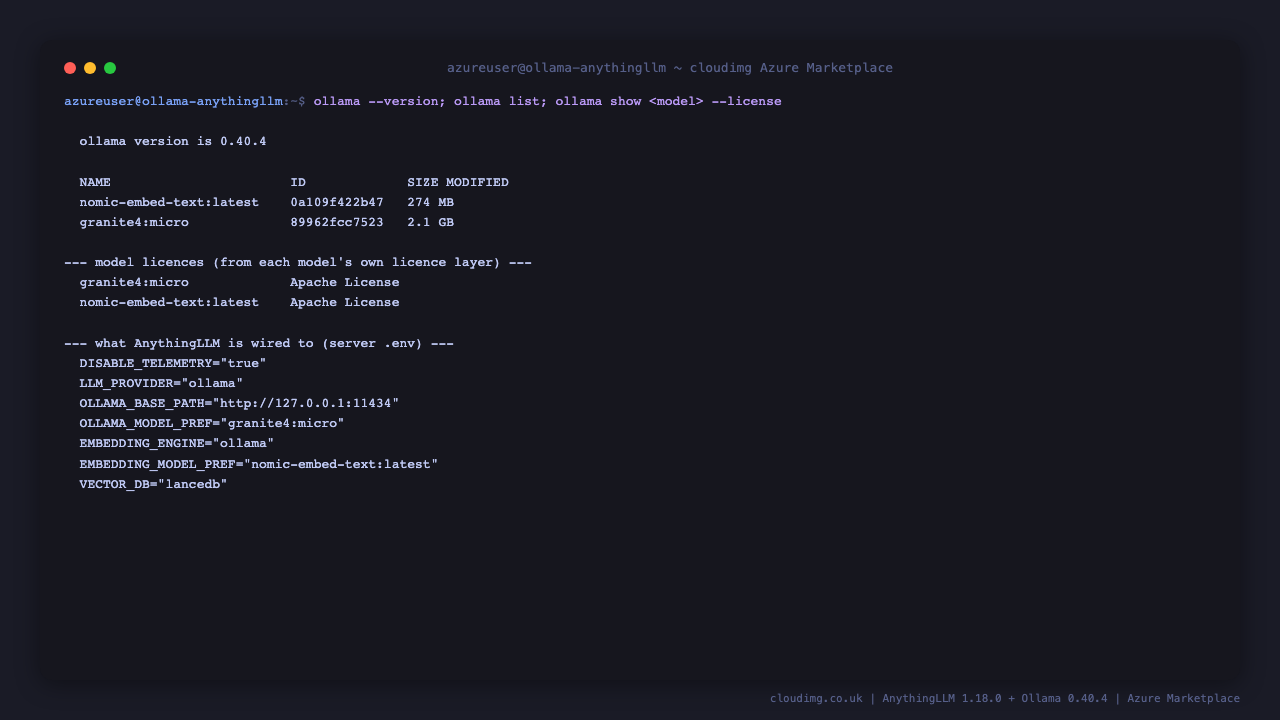 The Ollama version, the two baked models with their registry IDs and Apache 2.0 licences, and the AnythingLLM settings that point chat and embeddings at the local Ollama server