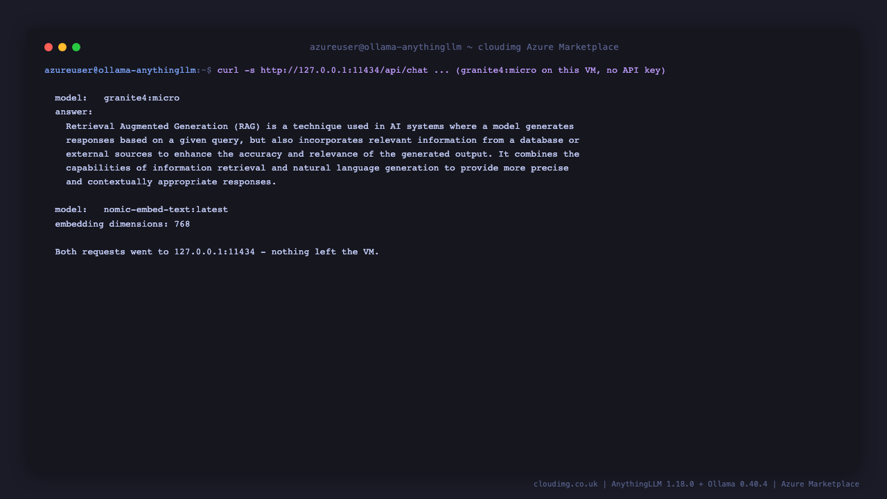 The granite4:micro model answering a question on the VM through the Ollama API on loopback, and the nomic-embed-text model returning a 768 dimension embedding