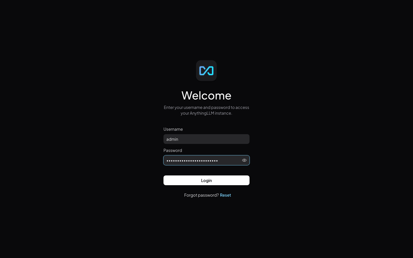 The AnythingLLM multi user sign in page served over HTTPS by the appliance, with the admin username entered and the password masked
