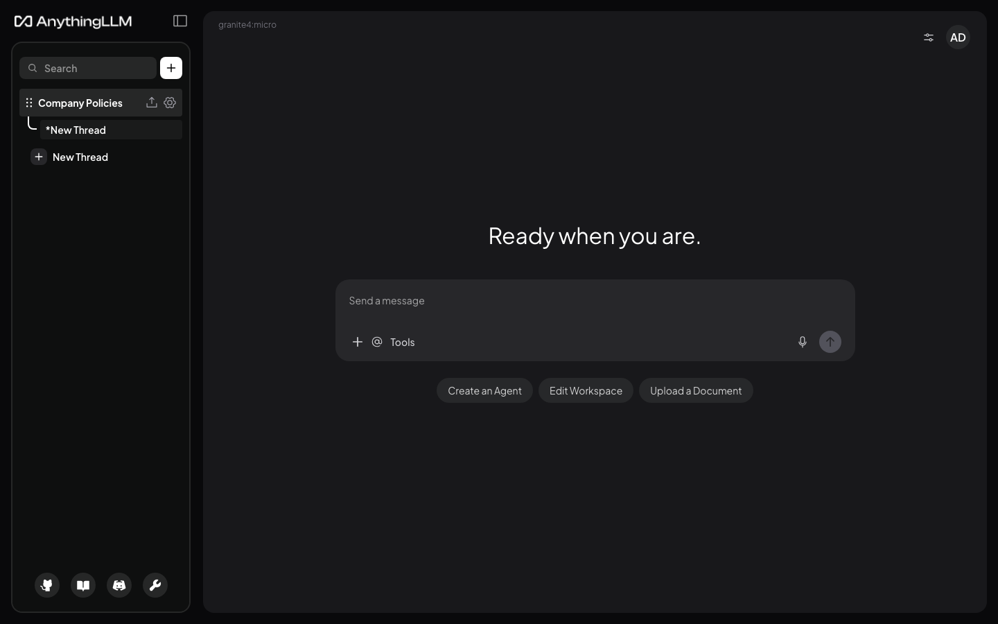 The AnythingLLM home page after signing in as admin, with a workspace in the sidebar