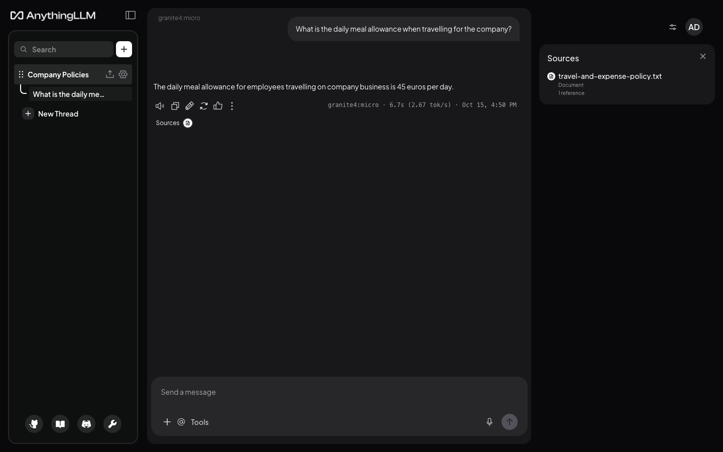 A workspace chat in which the local model answers a question about a travel and expense policy from an uploaded document, with the document listed as a citation