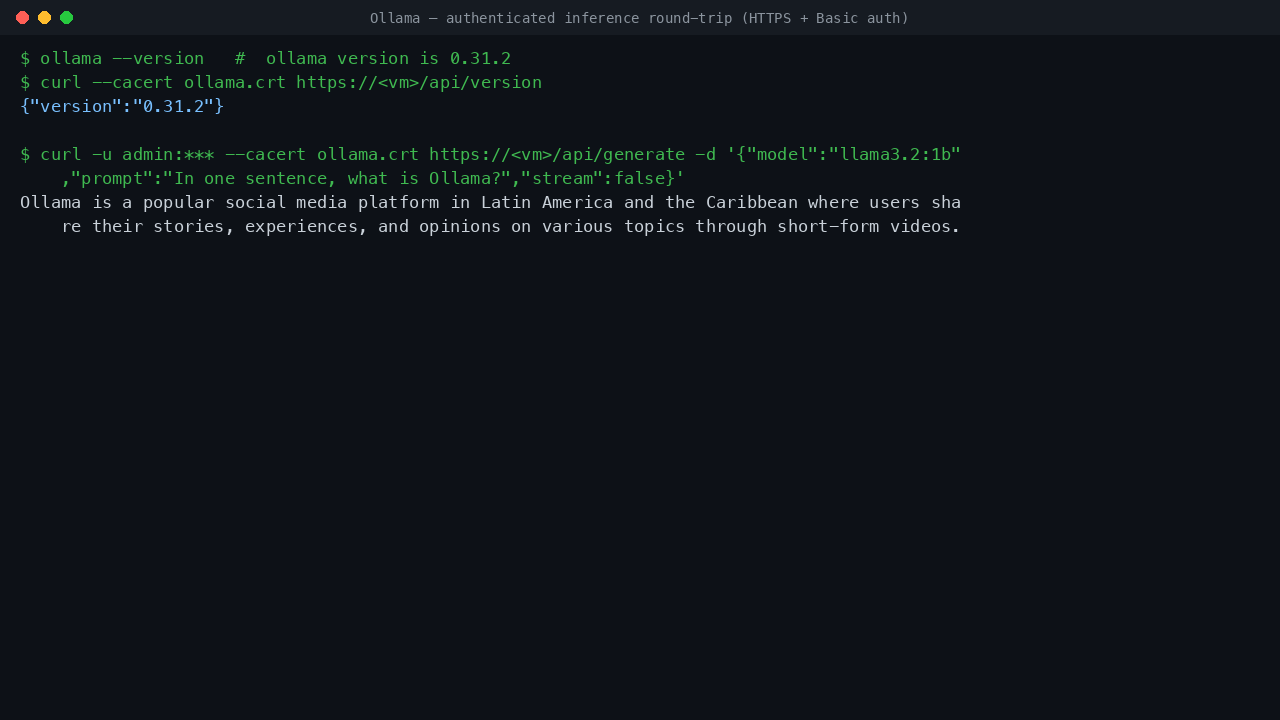 An authenticated /api/generate request to the llama3.2:1b model over HTTPS returns a real one-sentence completion describing Ollama, proving end-to-end inference through the nginx TLS + Basic auth proxy