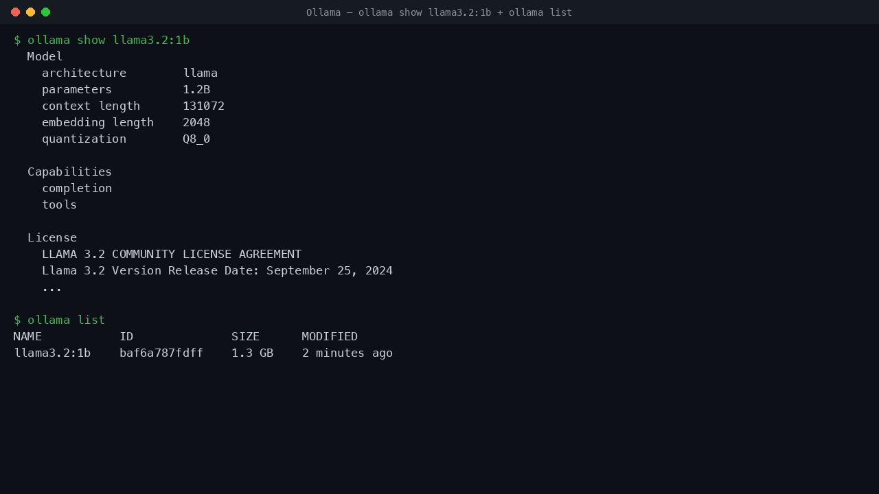 ollama show for llama3.2:1b listing its architecture, parameter count, quantization and context length, alongside ollama list showing the model in the local store on the OS disk
