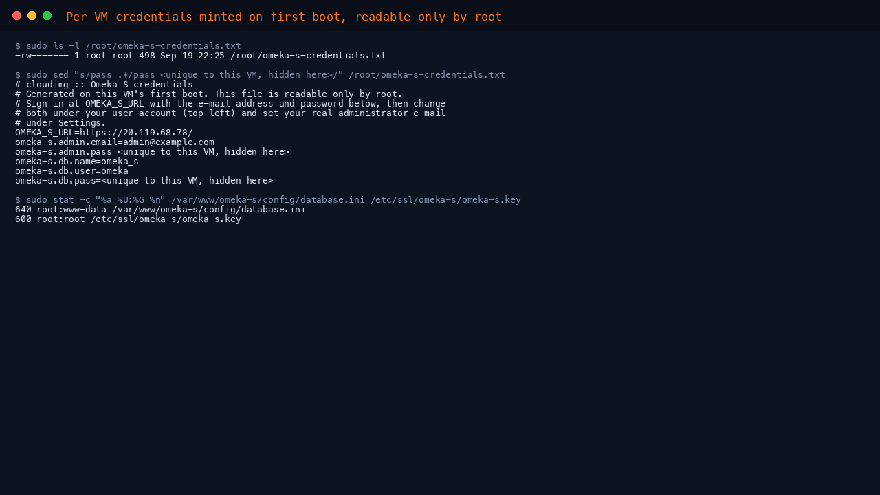 The root only credentials file, with the per VM passwords hidden